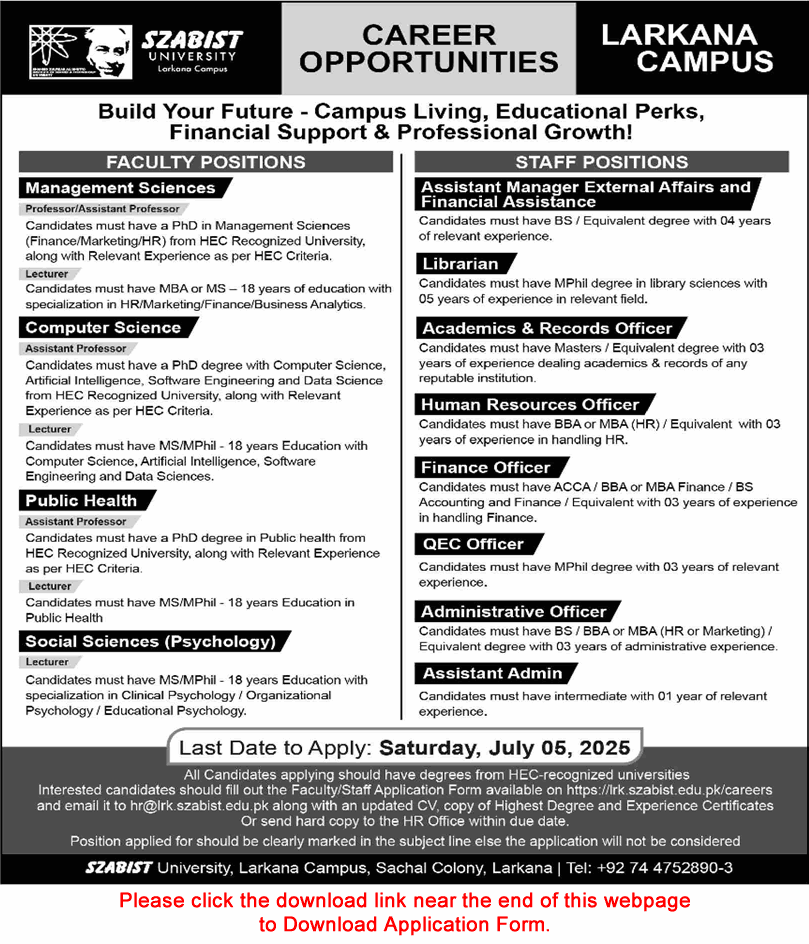 Latest jobs in SZABIST University Larkana 2025