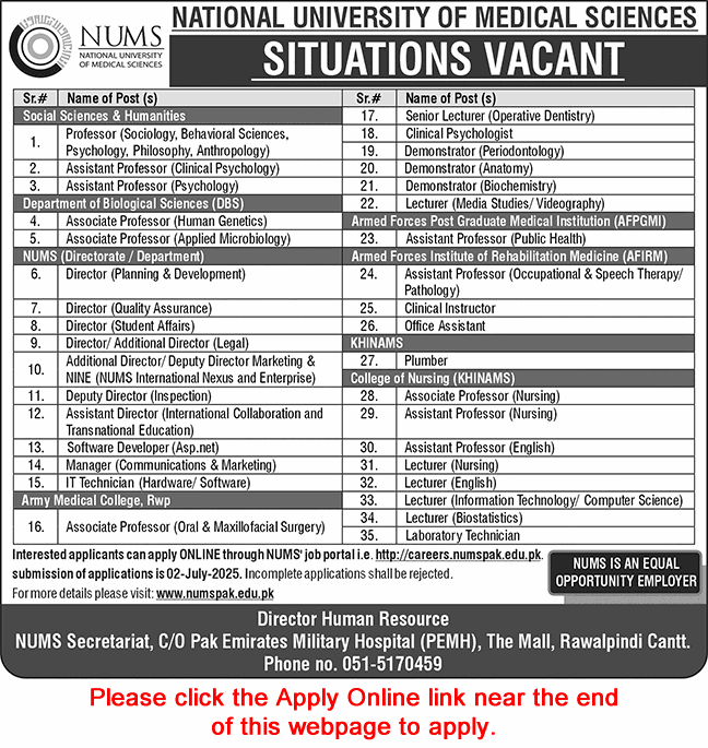 Teaching Jobs in NUMS University  2025