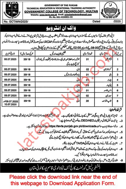 Government College of Technology Multan Jobs 2025